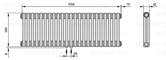 Схема (чертеж) Радиатор Zehnder Charleston 2056/23 №3470 Белый глянцевый RAL 9016